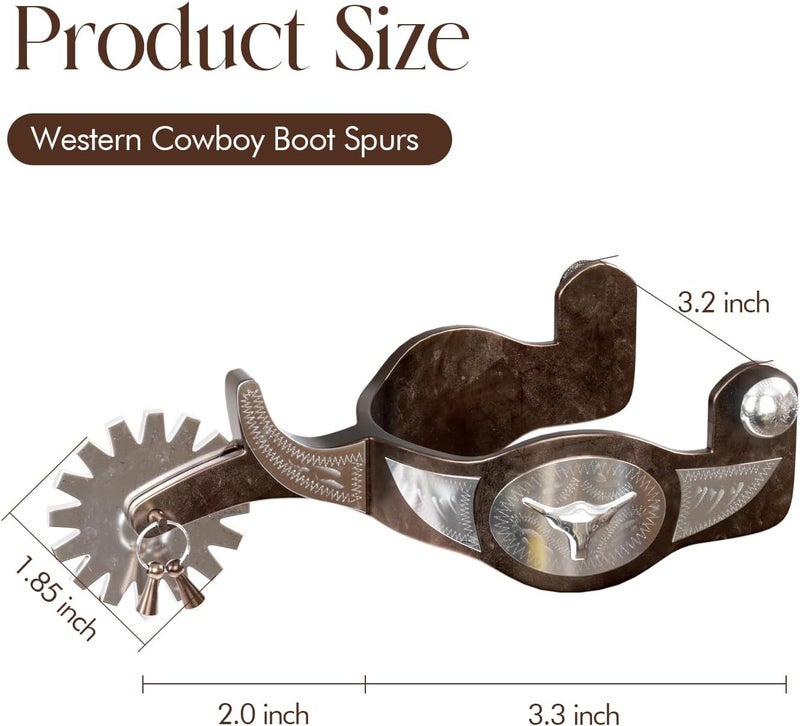 EQUSPUR Western Cowboy Spurs, 1 Pair Horse Spurs with Rowels, Antique Horse Boot Spurs with Hand-Carved Decoration for Adult Equestrian, Men Women - Image 2